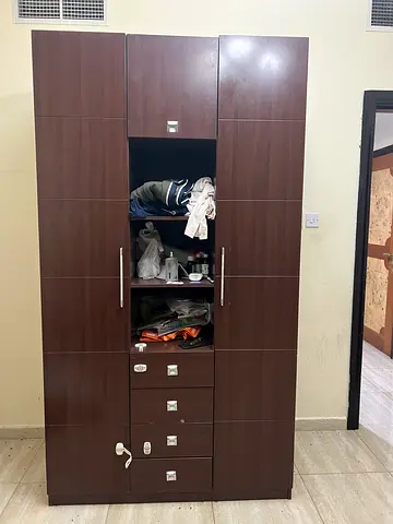 Large Dark Wood Wardrobe with Drawers and Open Shelves - Good Condition