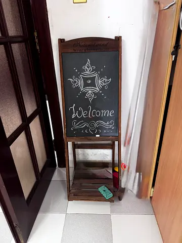 Wooden Freestanding Chalkboard Sign with Shelf – Rustic Welcome Board