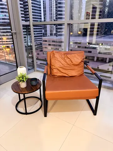 Modern Brown Leather Accent Armchair with Black Metal Frame
