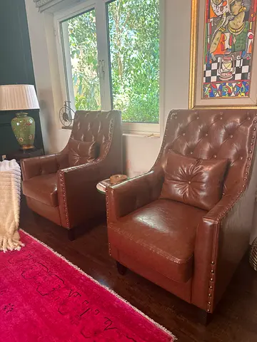 Pair of Vintage Brown Leather Chesterfield Armchairs - must go this week