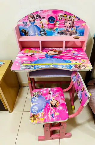 Pink Princess Kids Study Desk and Chair Set - Adjustable, Good Condition