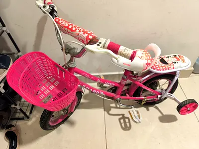 Pink kids bicycle with training wheels and basket — good condition