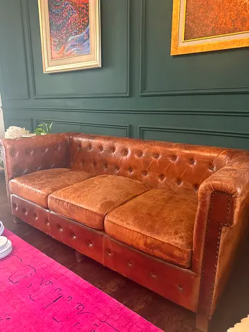 Well-kept brown pure leather Chesterfield sofa, 3-seater - must go this week
