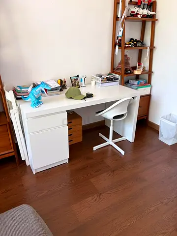 White modern desk with drawers and swivel chair - good condition