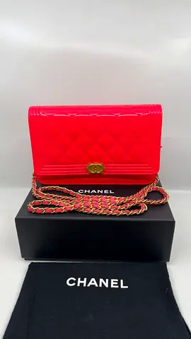 Chanel Neon Pink Boy Wallet on Chain in Patent Leather