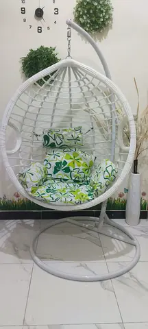 White Hanging Egg Chair with Stand and Floral Cushions