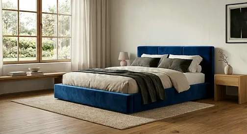 Queen -size upholstered bed frame in navy blue velvet - Brand New