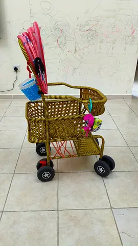 Childs Wicker Play Shopping Cart/Stroller with Basket and Toys