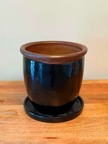 Big Ceramic Plant Pot with Saucer (40x40cm) — Black Gloss Finish