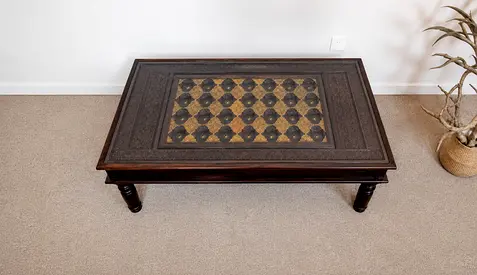 Solid Wood Carved Coffee Table top glass with Inlay Panel - Good Condition