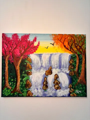 Hand-painted Landscape Canvas with Waterfall and Trees