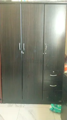 Dark Wood 3-Door Wardrobe with Drawers - Good Condition