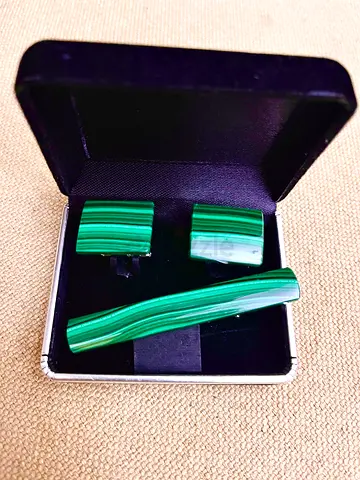 Real Malachite cuff links  tie clip set natural gemstone omega rado longines ap 18k 21k 22k tumi ck