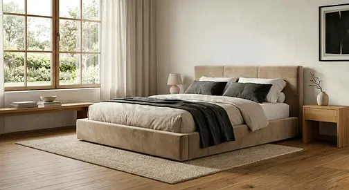 Beige Upholstered Queen Bed with Headboard