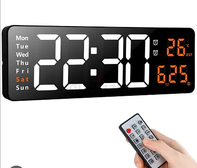 Large Digital LED Wall Clock with Remote — Time, Date  Temperature Display