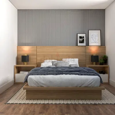 Modern wooden platform bed with integrated headboard and bedside shelves