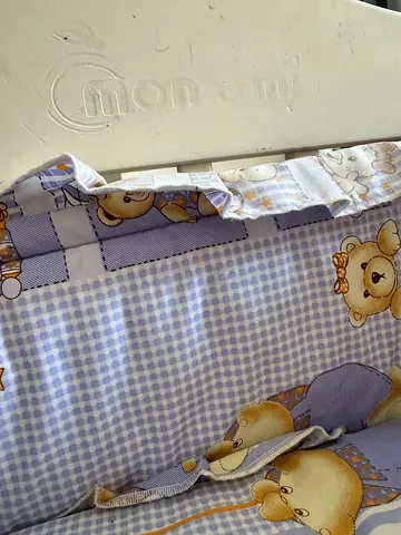 Used baby bassinet mattress and bedding set - blue teddy print