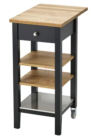 Compact kitchen trolley island with drawer and shelves, oak top.