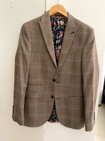 Checked Mens Blazer Jacket - Beige/Brown, Size Medium
