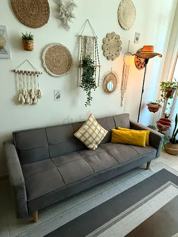 Grey 3-Seater Sofa Bed with Wooden Legs - Good Condition