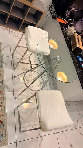 Glass Top Bar Table with 2 White Padded Stools