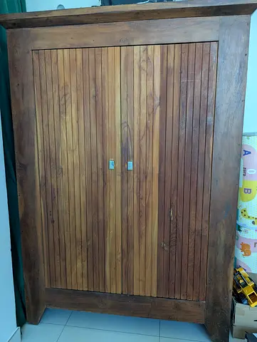 Solid Teak Wood 2 Door Wardrobe / Almirah with Fluted Design - Good Condition