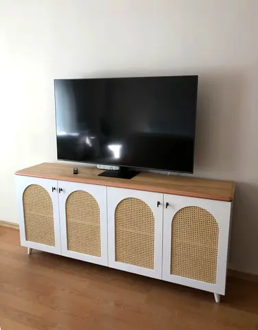 White TV Console Cabinet with Rattan Doors — 4-Door Media Unit