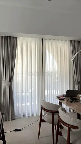 Light grey floor-to-ceiling curtains with sheer white voile - set of panels