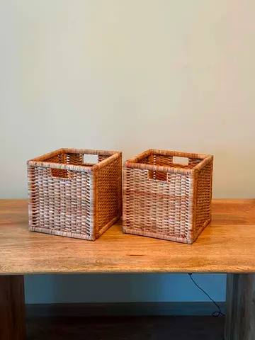 Pair of Wicker Storage Baskets - Square Rattan Organizers