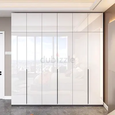 Large Glossy White Built-in Wardrobe with Tall Handles