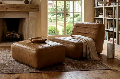 Timothy Oulton Caramel Leather Lounge Chair Ottoman Set