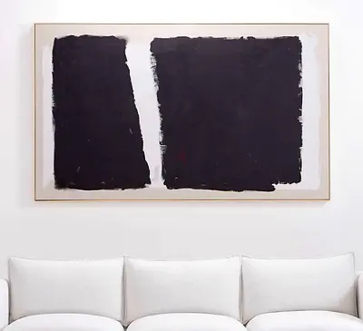 Large Minimalist Black  White Abstract Painting on Canvas (Framed)