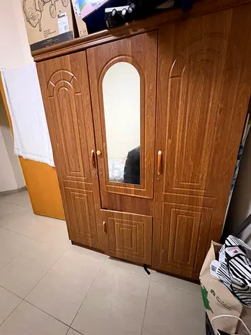 3-door Wooden Wardrobe with Mirror - Good Condition