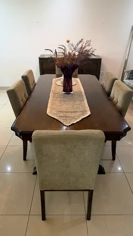 Solid Wood Dining Table with 6 Upholstered Chairs - Good Condition