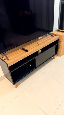 Low-profile TV unit / entertainment cabinet in black and wood finish