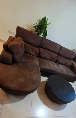 Brown L-shaped Fabric Sofa with Round Coffee Table - Good Condition
