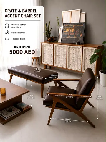 Crate  Barrel Mid-century Wooden Armchair with Brown Leather Cushions
