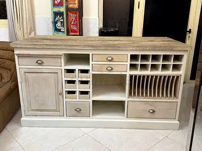 Marina Home Style Distressed White Kitchen Island with Weathered Oak Top  Wine Storage