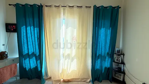 Set of 4 Curtain Panels — Teal and Beige Eyelet Curtains, Flawless