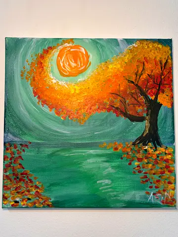 Original Acrylic Painting - Autumn Tree with Swirling Sky (Canvas)