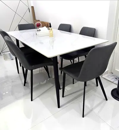 Modern White Marble-Top Dining Table with 6 Grey Chairs - Price negotiable.