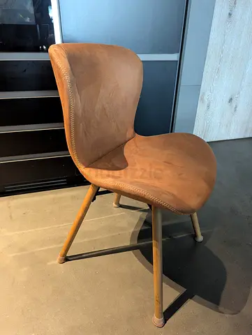 Set of 4 faux tan suede upholstered dining chairs with wooden legs