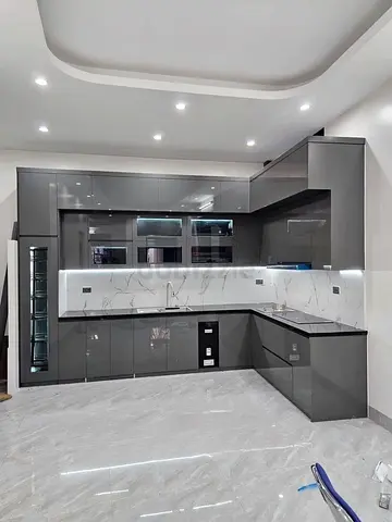 Modern Glossy Grey L-Shaped Kitchen Cabinet Set
