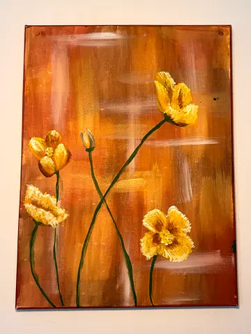 Hand-painted Floral Canvas — Yellow Poppies on Warm Background