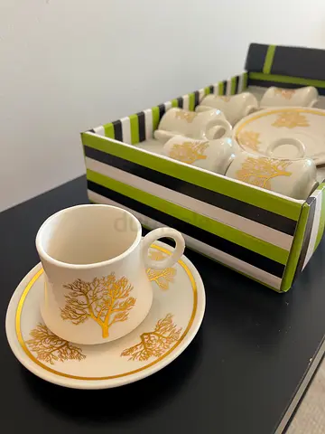 Porcelain Tea/Coffee Cup and Saucer Set with Gold Tree Design - New in Box