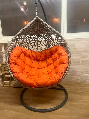 Rattan Hanging Egg Chair with Orange Cushion and Stand