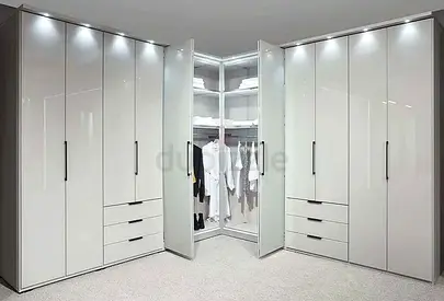 Large Gloss White Corner Wardrobe — Modern Built-in Armoire Set