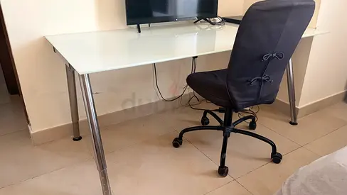 Glass Top Study/Computer Desk with adjustable Metal Legs and chair