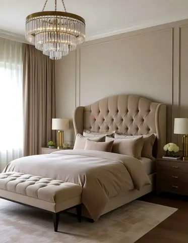 Elegant Tufted King Size Bed with Wingback Headboard and Matching Bench