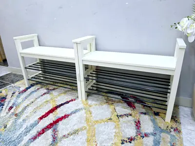 Pair of White Wooden Shoe Benches with Metal Racks - Good Condition